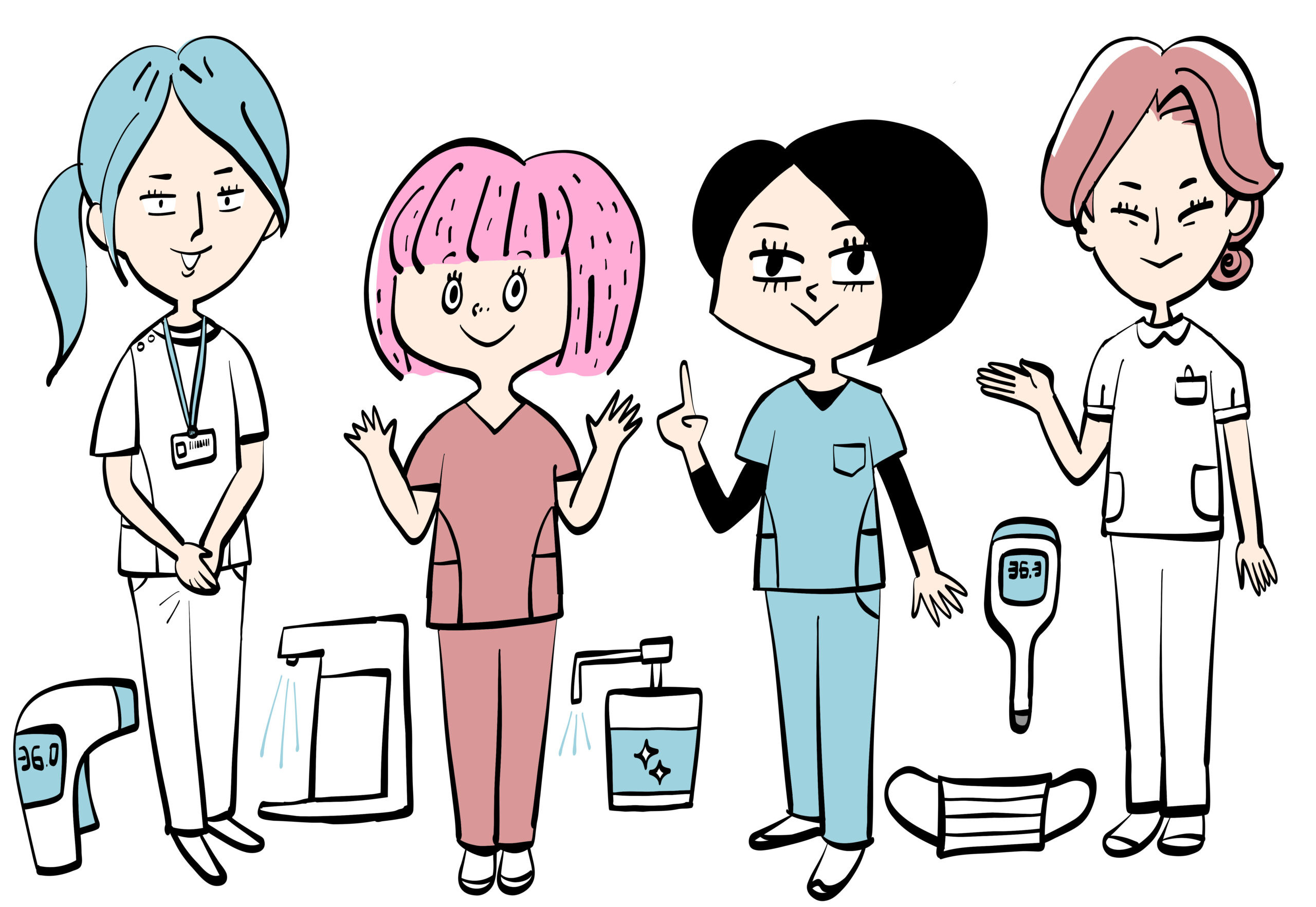 Various poses of nurses and medical equipment